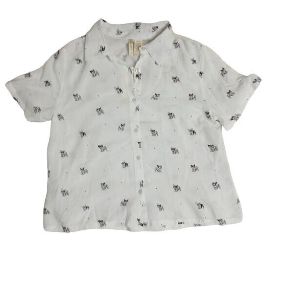 Japna White Button-Up Shirt With French Bulldog Print - Picture 1 of 4